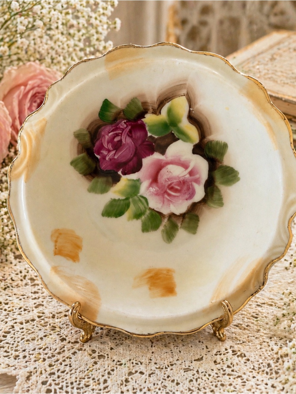 Hand-Painted Rose Porcelain Bowl - Pink & Purple Floral